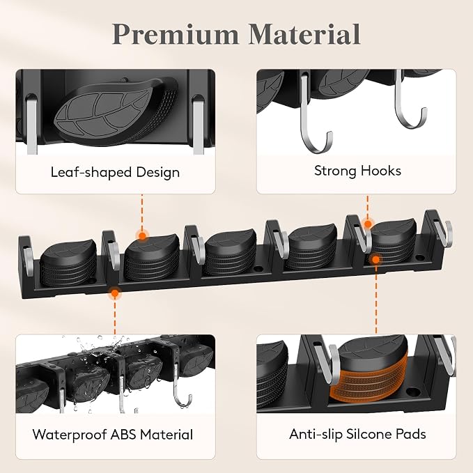 Lifewit Mop and Broom Holder Organzier Wall Mount Non-Slip, 1 Pack, Black | Easy Install One Handed Push Cleaning Tool Hanger with 6 Hooks 5 Slots, Heavy Duty Hanging Utility Rack for Garden, Garage - Image 7