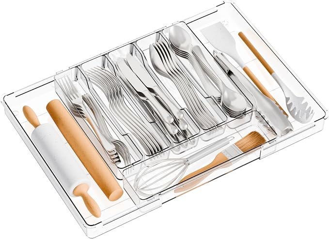 Large Clear Expandable Silverware Drawer Organizer for Kitchen,BPA FREE Adjustable Utensil Drawer Organizer and Silverware Tray,Plastic Flatware Organizers,Cutlery,Knife,Fork and Spoon Holder by Yieach