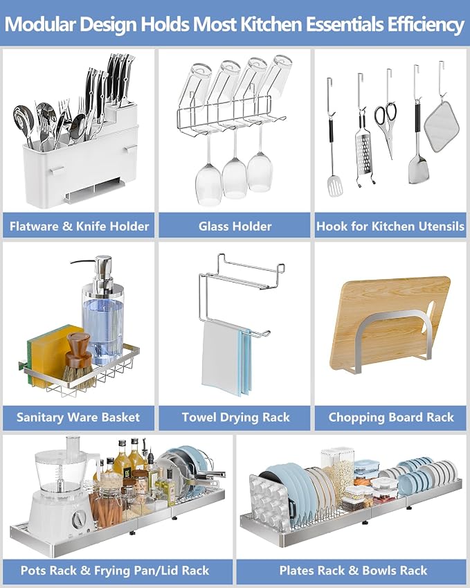 3-Tier Stainless Steel Over-the-Sink Dish Drying Rack, Expandable | Expands from 37.3 to 44.7 inches with three tiers, side hooks and holders to organize cookware, dishes and utensils. - Image 4