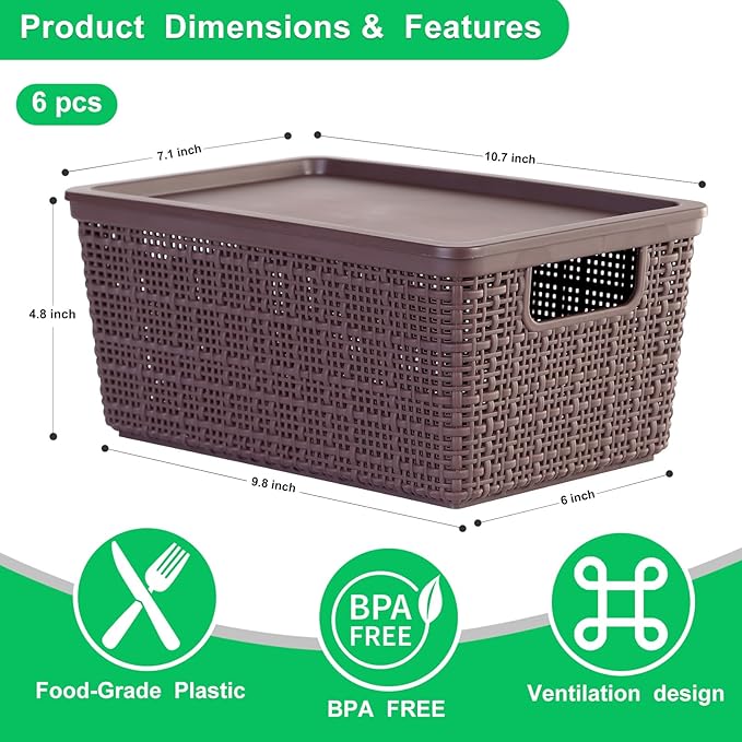 6 Pack Plastic Storage Baskets with Lid,Brown Stackable Bins | Durable Woven Plastic With handle Breathable,Save space ,For Organizing Desktops, Closets, Playrooms, Classrooms, Offices - Image 3