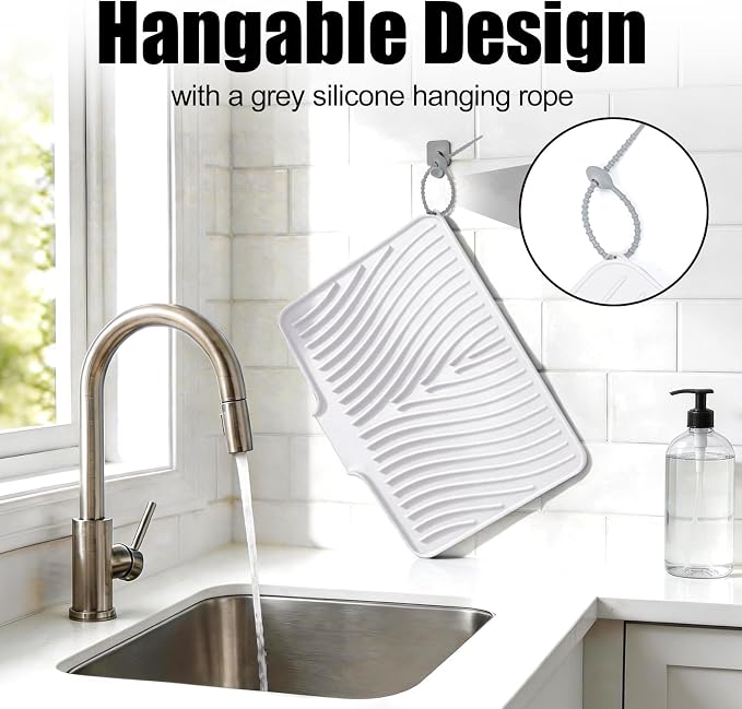 TIKNIK Silicone Dish Drying Mat for Kitchen Counter, White-1pcs, 16" x 12" | Heat Resistant & Non-Slip Dish Drain Pad with Built-In Drain, Dishwasher Safe, Quick-Dry, Hangable & Roll-Up for Storage - Image 5