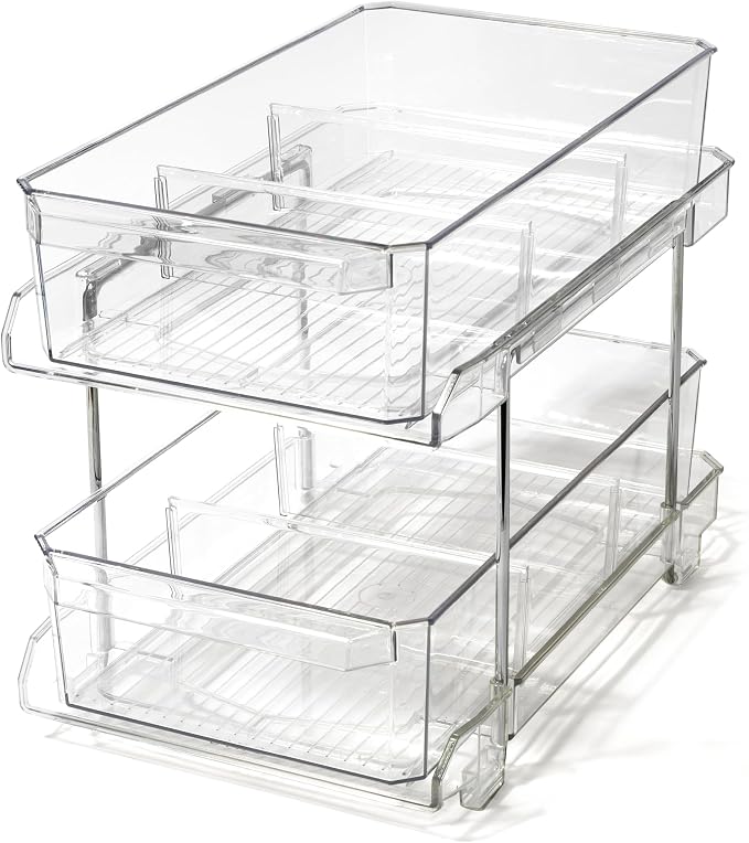 BINO 2 Tier Clear Storage Organizer with Dividers | Slide Out Drawer for Under Sink or Medicine Cabinet | Bathroom Closet, Vanity, Pantry Organizer | Under Cabinet Storage for Bathroom and Kitchen by BINO