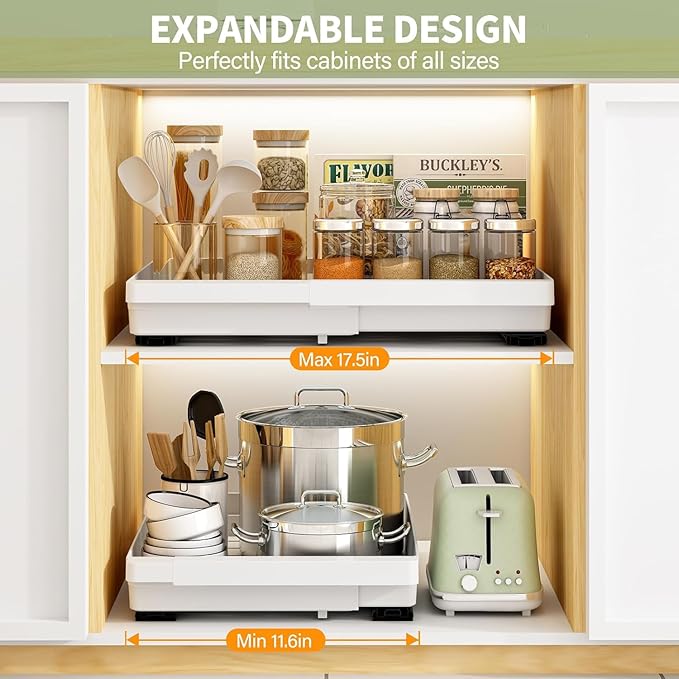 DOMNIU Pull Out Cabinet Organizers Expandable,White,16.9"Depth,4 Pack | Slide Out Drawers for Kitchen, Bathroom, Pantry, Under Sink Storage, Fixed with Adhesive Nano Film (11.6''-17.5'') - Image 2