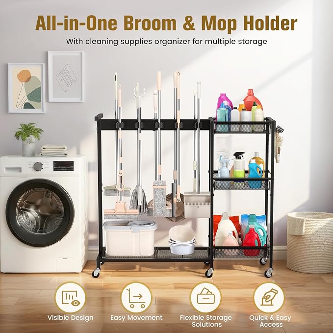 Broom Holder with Cleaning Supplies Organizer, Cleaning Utility Cart on Wheels, 10 Clips & 7 Hooks, 3-Tier Shelves, Broom Closet Storage Cabinet with Cleaning Caddy for Home Commercial Use - Image 2