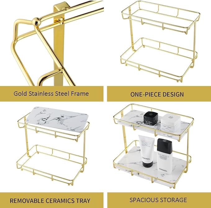 Bathroom Organizer Countertop Perfume Organizer Makeup Organizer Cosmetics Storage Display Rack Vanity Tray Dresser Stainless Steel Gold Shelf White Marble Ceramic Tray - Image 5