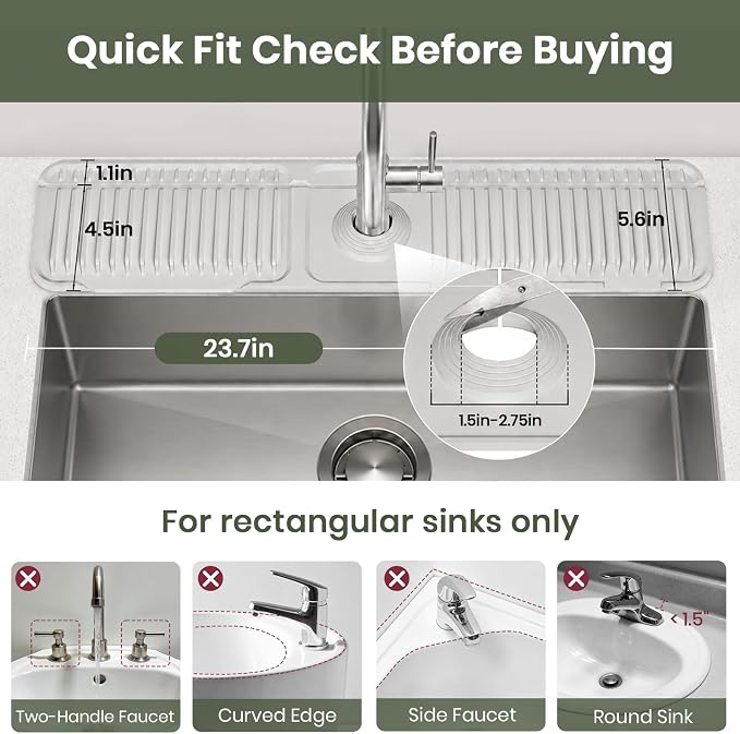 24 Inch Faucet Mat for Kitchen Sink, Silicone Splash Guard for Kitchen Sink Area, 7° Slope Fast Self-Draining Sink Mat, Cuttable Hole Design, Sink Backsplash Guard Draining Mat, Grey - Image 2