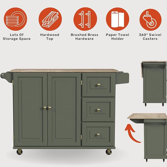 Homestyles Mobile Kitchen Island Cart with Wood Top and Dropleaf Breakfast Bar, 18" D x 53.5" W x 36" H, Green - Image 5