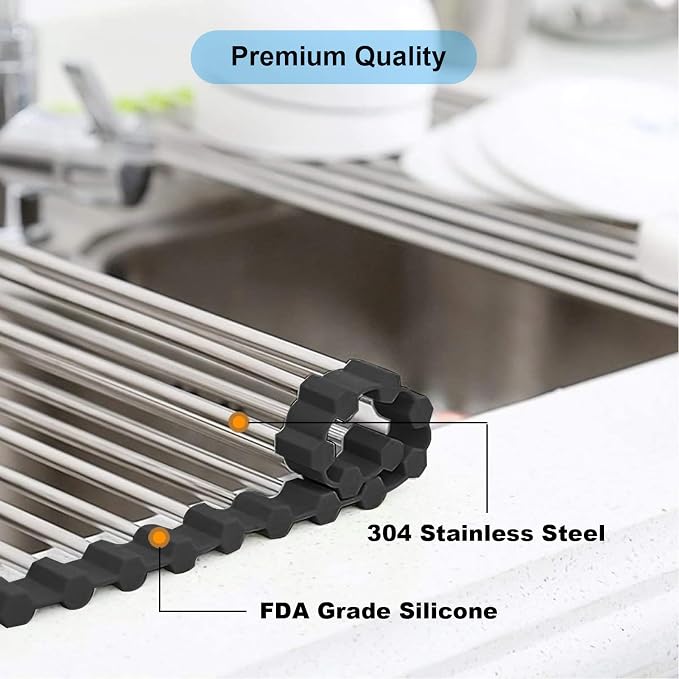 Searik Roll up Dish Drying Rack, Over The Sink Rolling Dish Drainer Rack Multipurpose Foldable Kitchen Stainless Steel Dish Rack Sink Drying Rack for Kitchen Sink Counter (17"x 15.7") - Image 3