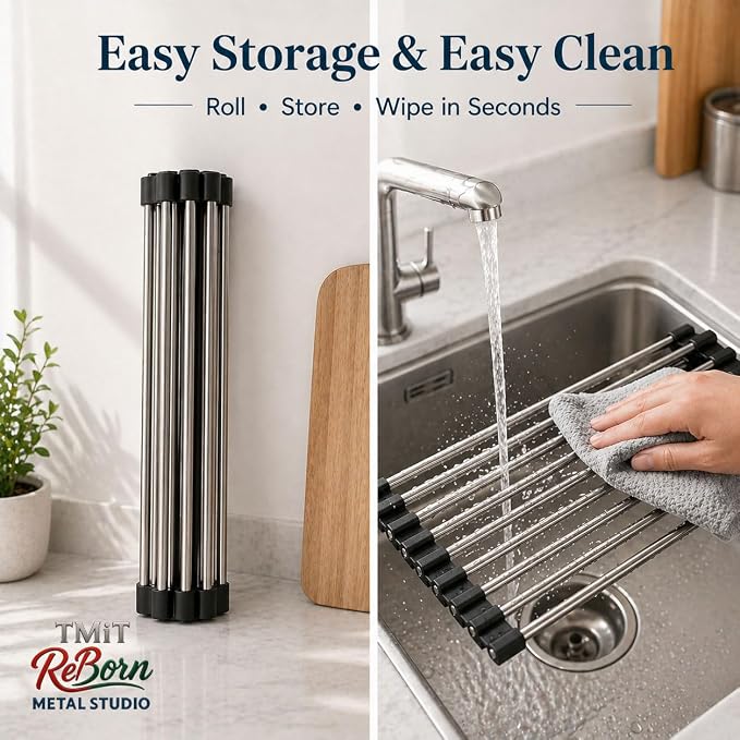 Over the Sink Roll Up Dish Drying Rack – Stainless Steel Collapsible Dish Drainer, Kitchen Sink Organizer for Counter & Sink, 17.7" x 15.7 - Image 4