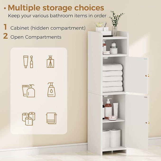 BEWISHOME Small Bathroom Storage Cabinet, 2 Doors Narrow Bathroom Cabinet | Storage Cabinet with Adjustable Shelves, Narrow Toilet Paper Cabinet 7.9"D x 7.9"W x 31.5"H, for Small Spaces, White YYG03W - Image 4