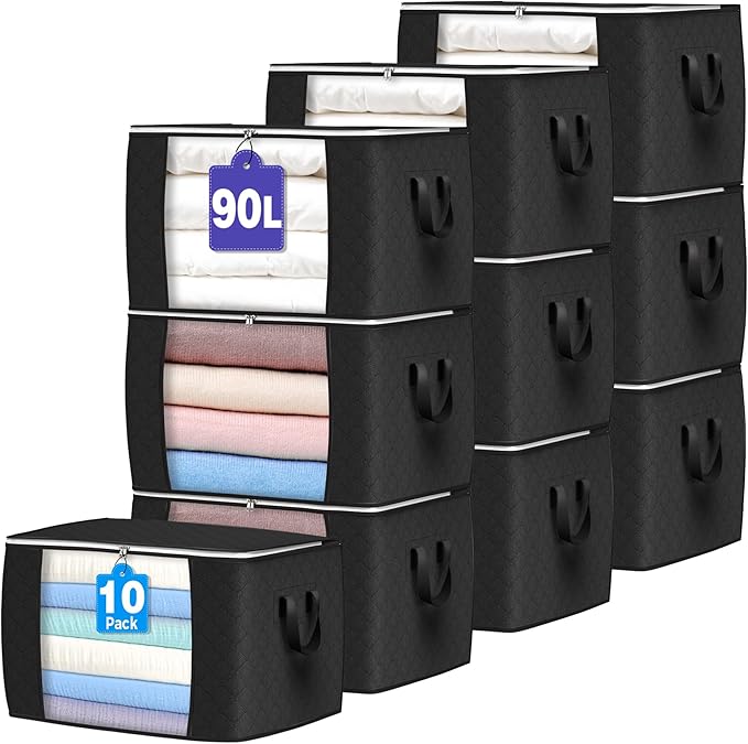 90L Large Storage Bags, 10 Pack Clothes Storage Bins Closet Organizers | Foldable Storage Containers, with Reinforced Handle, for Clothing, Blanket, Comforters, Bed Sheets, Pillows and Toys by BuddingJoy-BuildaJoyfulLifeforYou