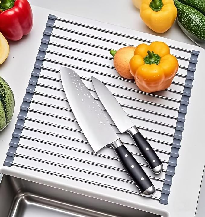 Roll Up Dish Drying Rack, Stainless Steel and Silicone Dish Drying Mat Over The Sink Foldable Drain Rack Multipurpose Dish Drainer for Kitchen, 14.5” x 14”, Gray - Image 2