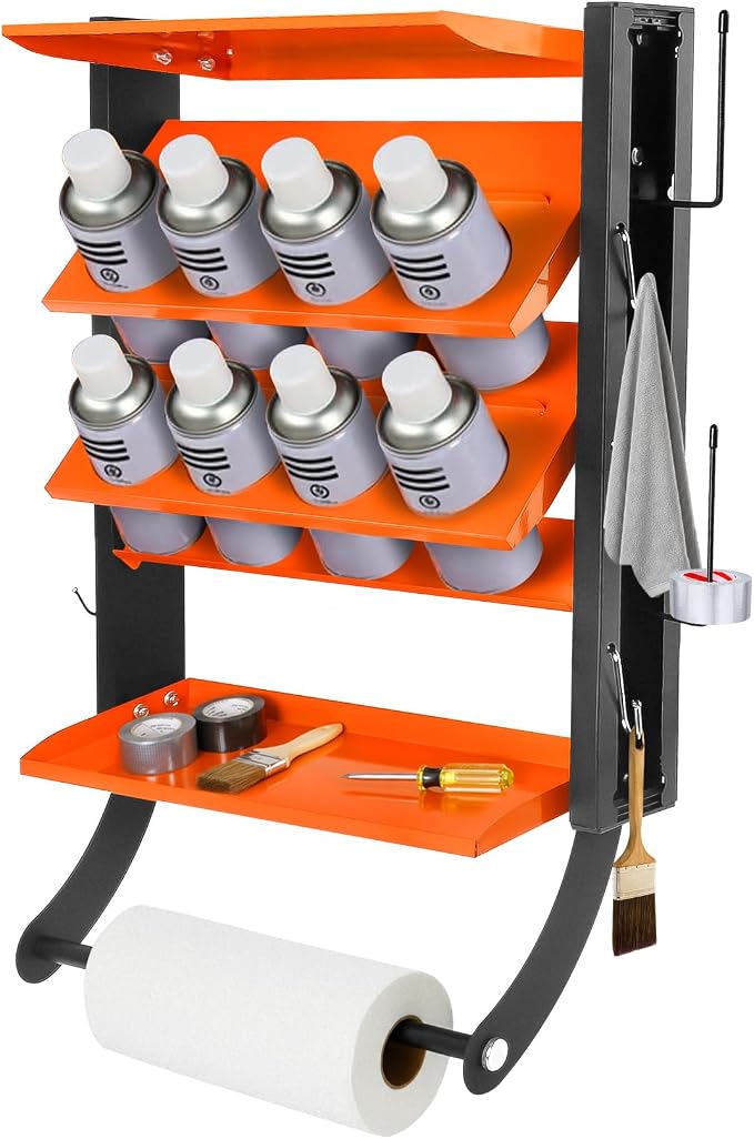 Sidasu Spray Can Holder, 2-Tier Spray Paint Organizer With Paper Towel Rod | 8-Can Capacity, Wall-Mounted, Heavy Duty, Powder-Coated Finish, Storage Rack For Garages and Workshops by Sidasu