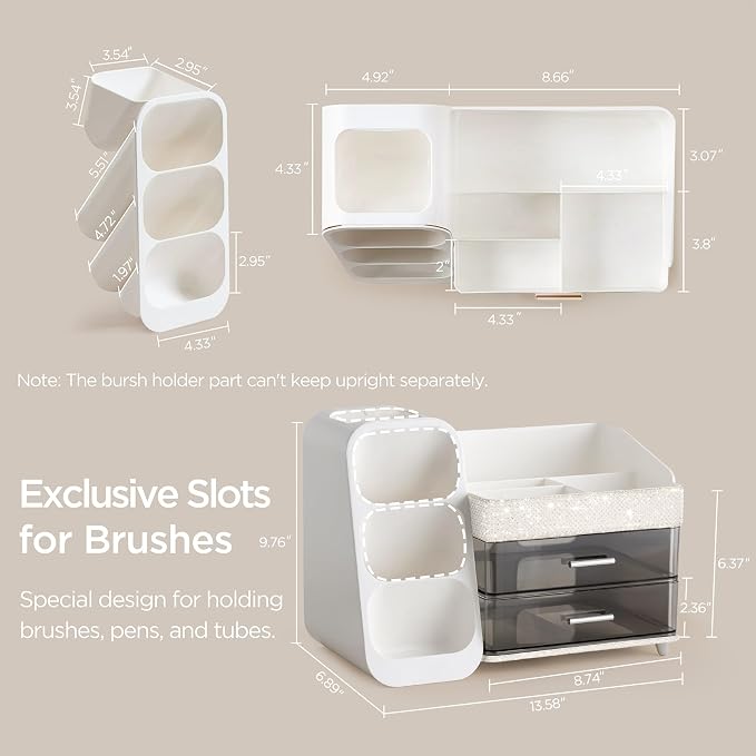 HBlife Makeup Organizer with Brush Holder for Vanity, Large Plastic Bathroom Countertop Organizer Skin Care Storage, Easy to Store Lipsticks, Nail Polishes, Perfumes, Eyeshadow Palettes, Pearl White - Image 3