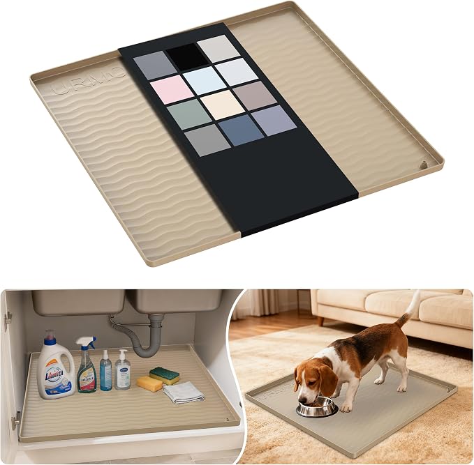 URMONA Waterproof Silicone Under Sink Mat 22'' x 22'' Shelf Liner for Kitchen and Bathroom, Cabinet and Counter Protector, Storage and Organizers, Litter Mat, Pet Cat Puppy Essentials(Khaki) by URMONA