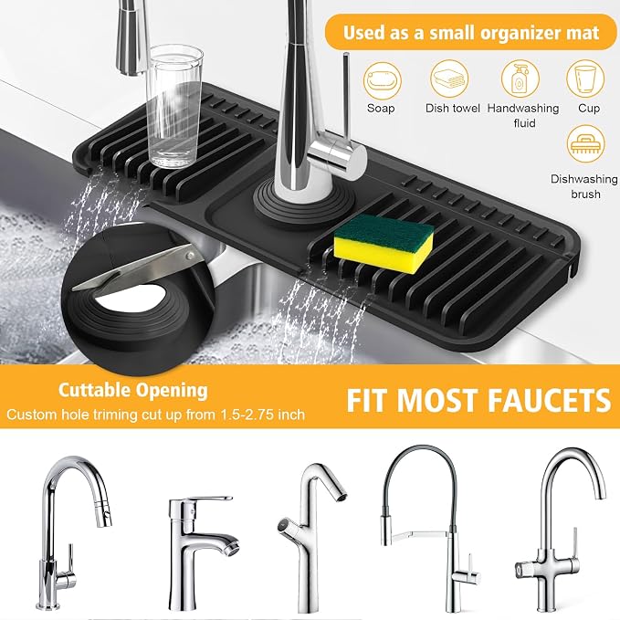 14.6-Inch Kitchen Sink Splash Guard Mat | 7° Slope for Fast Self-Draining | Snap-Lock Design | Universal & Cuttable Silicone Faucet Mat BLACK - Image 6
