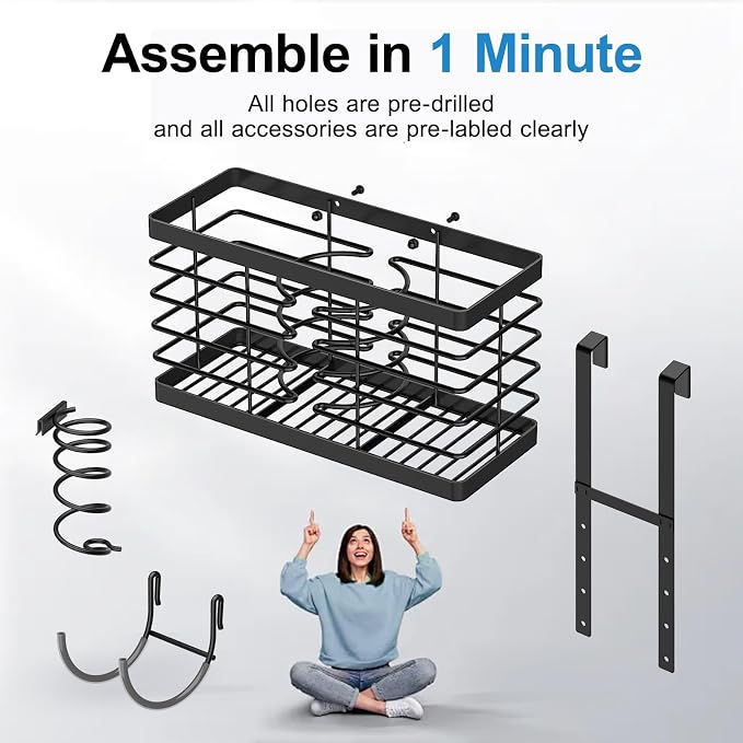 2026 Upgraded 3-in-1 Universal Hair Tool Organizer, XL Size, Black | Adjustable Height Metal Hair Dryer Holder, Wall Mounted, Over Cabinet Door, Countertop, Bathroom Storage - Image 9