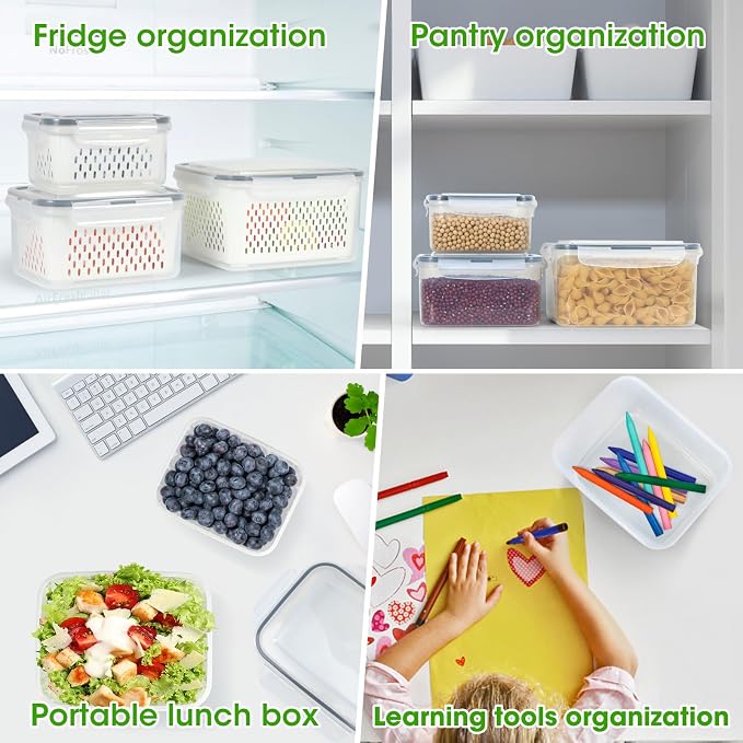 TBMax Fruit Storage Containers for Fridge Organizers and Storage, 10 Pieces Large Produce Saver with Airtight Lid & Colander for Berry Lettuce Salad Vegetable Storage, Refrigerator Organizers - Image 4
