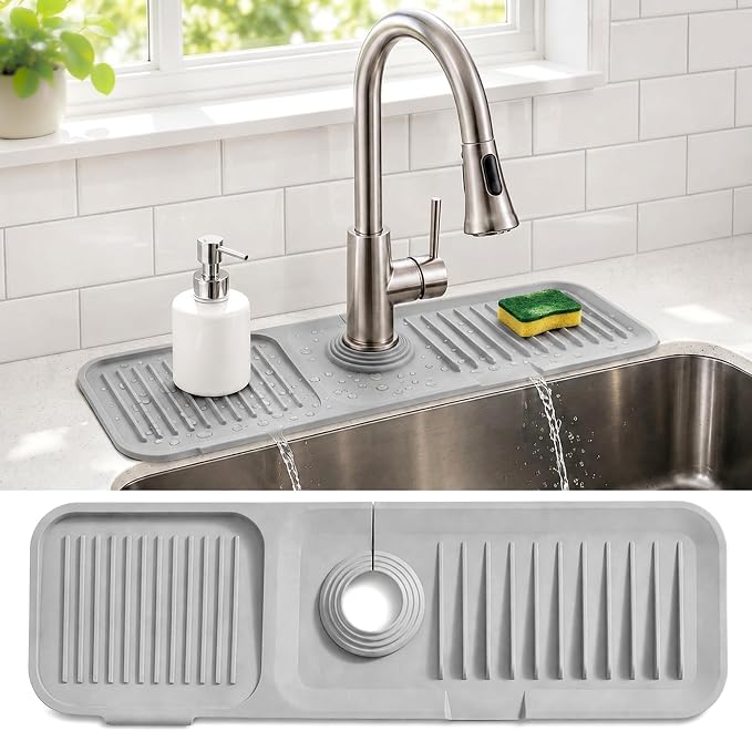 Faucet Mat for Kitchen Sink, Silicone Splash Guard, 17.7x5.5 in, Light Gray | 5° Fast-Draining Slope, Trimmable 1.5–2.6 in Center Hole by Unknown