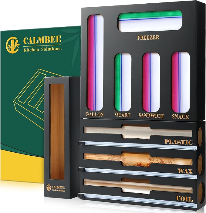 Calmbee 9 in 1 Bamboo Storage Bag Organizer for Kitchen Drawer – Plastic Wrap Dispenser with Cutter & Foil Organizer, Wooden Baggie Organizer for Sandwich, Snack, Gallon, Quart Sizes, Black by Calmbee