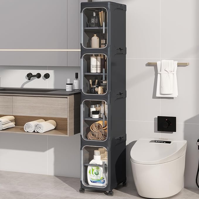 4 Tier Slim Bathroom Storage Cabinet, Foldable and Movable, Black | Tools Free, ABS and PET, Magnetic Clear Door, Adjustable Shelves, Lockable Wheels, Water Resistant, For Narrow Space by Neathub