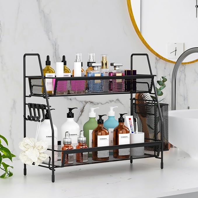 VITVITI 2 Tier Bathroom Countertop Organizer, Vanity Storage Shelf, Black | Bathroom Counter Organizer, Vanity Makeup Tray Shelf, Kitchen Spice Rack, Metal Wire Mesh, with Basket Hooks - Image 3