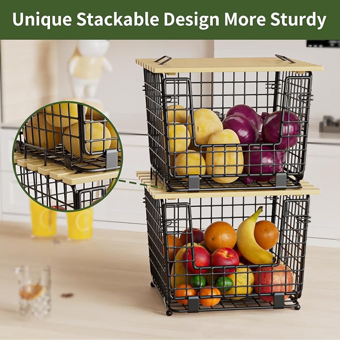 2 Pack Stackable Potato Onion Bins, Pantry Organizers and Storage | Wire Basket with Breathable Design for Garlic Fruits Vegetables Storage, Kitchen Counter Organizer - Image 3