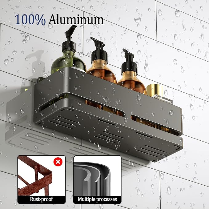 Shower Caddy 2-Pack Shower Shelf, Heavy-Duty Bathroom Storage Shelf | Large Capacity No-Drill Bathroom Organizer, Gray Aluminum Storage Basket, Adhesive Installation - Image 4