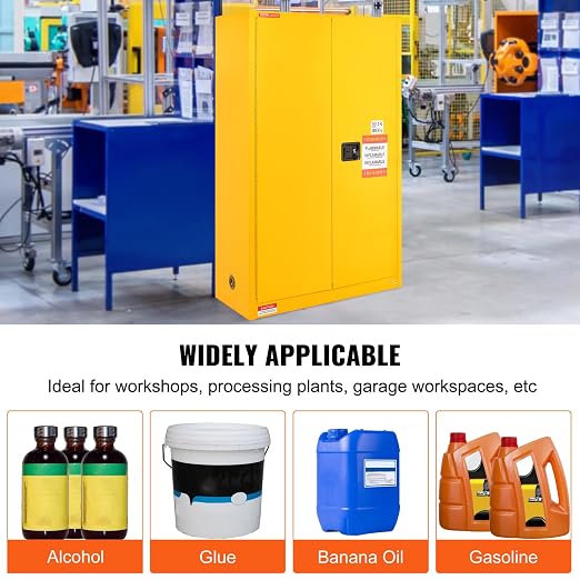 VEVOR Flammable Cabinet, 45 Gal, 18" x 43" x 65", Yellow | Cold-Rolled Steel, Explosion Proof, 2 Adjustable Shelves, 2 Manual Doors, Industrial Use - Image 8