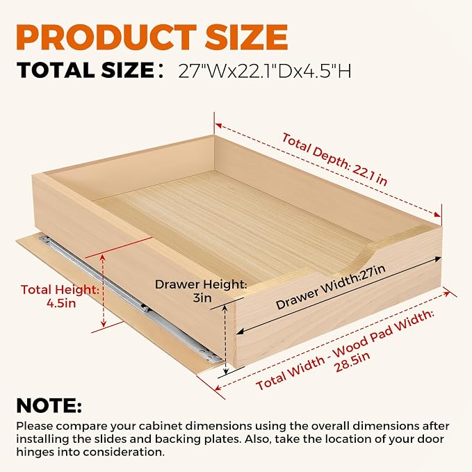 Pull Out Drawers for Cabinet Wood 27" W x 23" D Slide Out Organizer | Pull Out Cabinet Organizer, Solid Wood with Soft Close Bottom Rails, 57 LB Capacity, Waterproof Coating Suit Kitchen Bathroom - Image 2