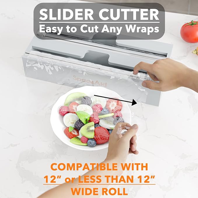 SpaceAid WrapNeat 2 in 1 Wrap Organizer with Cutter and Labels, Plastic Wrap, Aluminum Foil and Wax Bamboo Dispenser for Kitchen Storage Organization Holder for 12" Roll (Gray) - Image 5