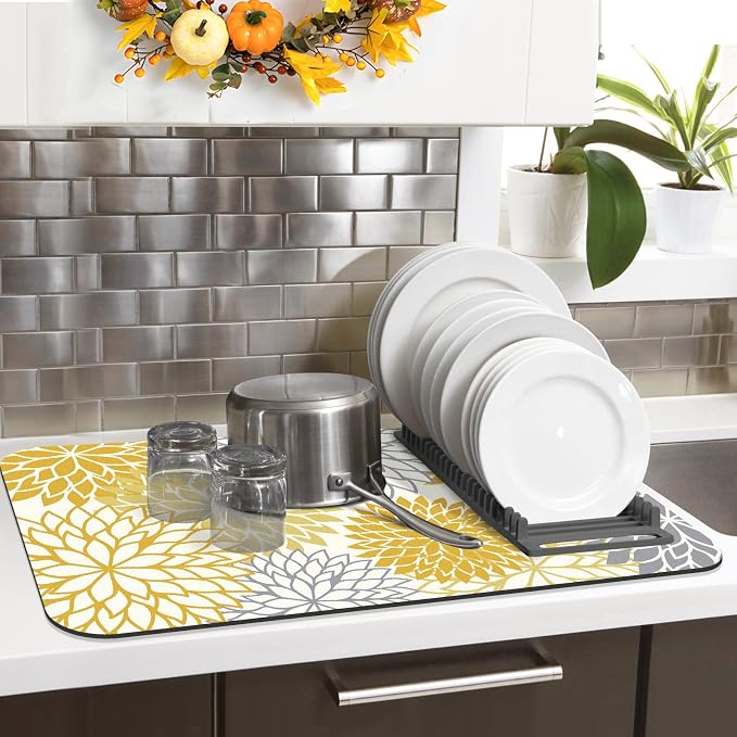 Findosom 2PCS 16" x 24" Fall Dish Drying Mat & 24" x 5.5" Sink Splash Guard, Super Absorbent & Cuttable Dish Mat Drying Kitchen Mat with Yellow Floral, Hide Stain Drying Mat for Kitchen Counter - Image 7