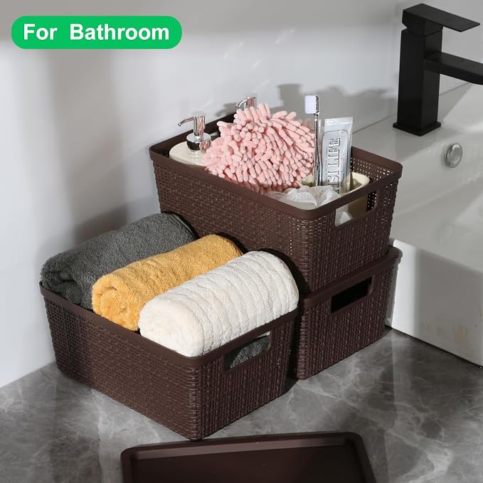 6 Pack Plastic Storage Baskets with Lid,Brown Stackable Bins | Durable Woven Plastic With handle Breathable,Save space ,For Organizing Desktops, Closets, Playrooms, Classrooms, Offices - Image 6