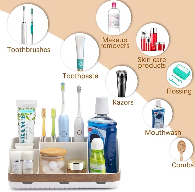 GFWARE Bathroom Countertop Organizer - Detachable 7 Slots Kids Electric Toothbrush and Toothpaste Holde Drainage for Bathroom Accessories Organization Counter Vanity Storage, Woodgrain - Image 5