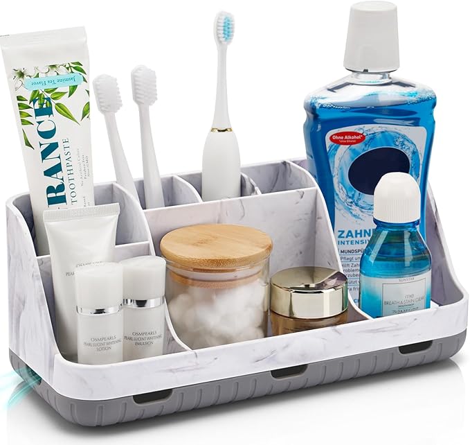 GFWARE Marble Bathroom Countertop Organizer - Detachable 7 Slots Kids Electric Toothbrush and Toothpaste Holde Drainage for Bathroom Accessories Organization Counter Vanity Storage, Grey | Detachable 7 Slots Kid Electric Toothbrush and Toothpaste Holde... by GFWARE