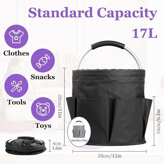 2Pack 17L Foldable Cleaning Supply Caddy with Handle, Portable Bucket Tool Organizer, Garden Tool Bag in 600D Oxford Fabric, Folding Storage Basket for Outdoor, Bathroom, Black + Dark Gray - Image 2