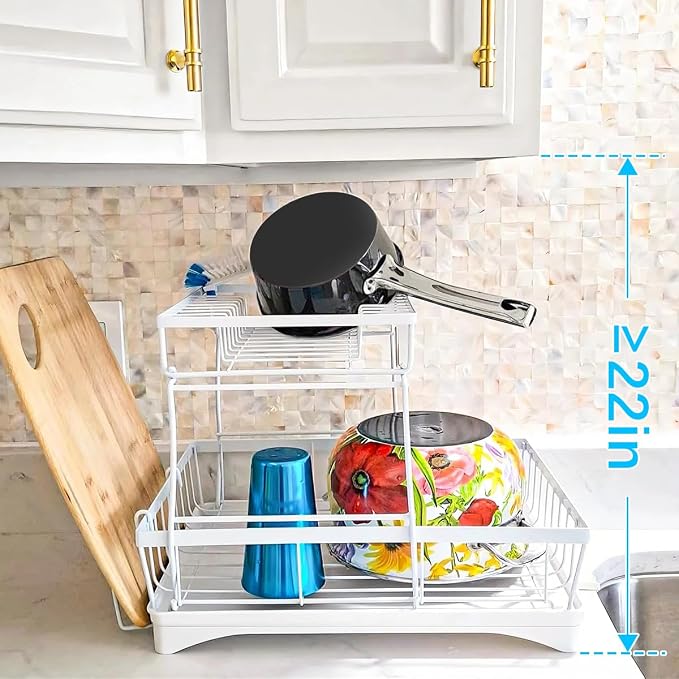 7 code 2-Tier Large Dish Drying Rack for Kitchen Counter, White | Detachable Large Capacity Dish Drainer Organizer with Auto Drain, Anti-Rust Dish Rack with Cup & Utensil Holders - Image 7