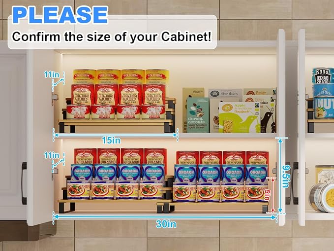 3-Tier Expandable Bamboo & Iron Can Organizer, Holds 30 Cans, Black | Adjustable Pantry Can Storage Rack, Cabinet Food Can Shelf, Easy-Access Holder for Canned Goods, Assembly Required, Black - Image 3