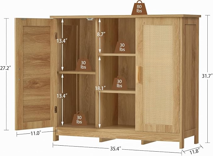 Iwell Rattan Storage Cabinet with 4 Adjustable Shelves, Coffee Bar Cabinet, Sideboard Buffet for Kitchen, Living Room, Entryway, Natural - Image 3