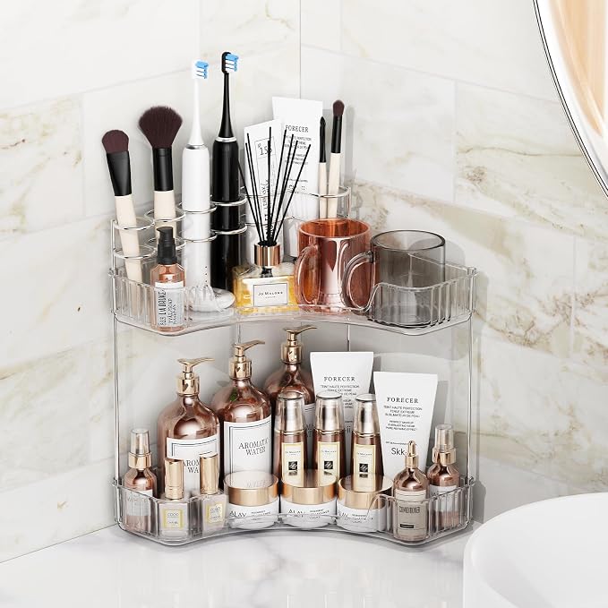 Asayuee 2-Tier Corner Bathroom Counter Organizer with Top Toothbrush Holders,Large Makeup Organizer Countertop with Brush Holder,Skincare Organizers Corner,Exquisite Vanity Organizer(Clear, 2 Tier) - Image 5