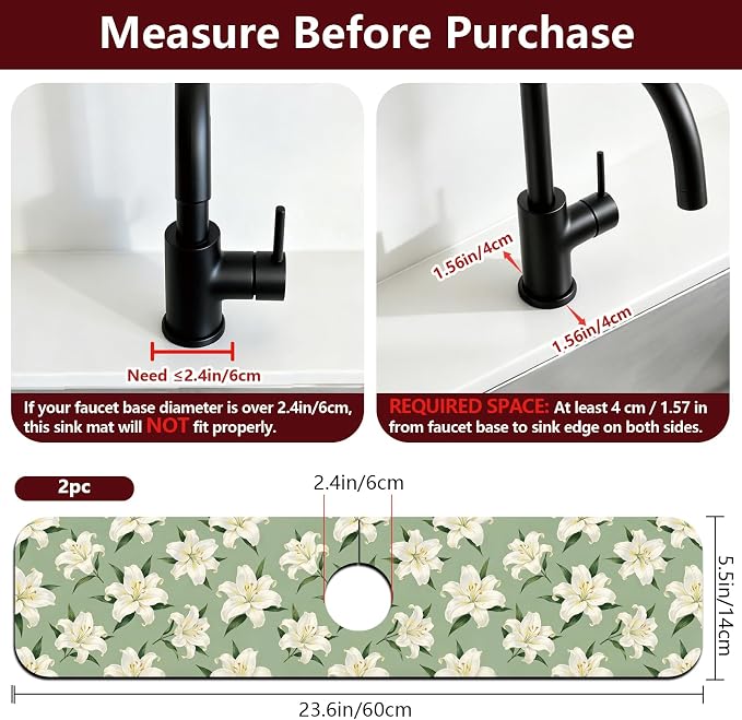 2 Pcs Kitchen Sink Splash Guard Faucet Mat Lily Faucet Mat for Sinks Flowering Plant Absorbing Drying Mats for Kitchen Bathroom, 23.6x5.5inch - Image 2