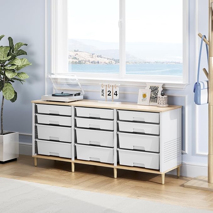 TOOLF 12 Drawers Storage Cabinet with Wooden Top and Plastic Bins, White | Toy Shelf Storage Chest Cubby Organizer, for Home, Office, Playroom, Classroom & Craft Room - Image 2