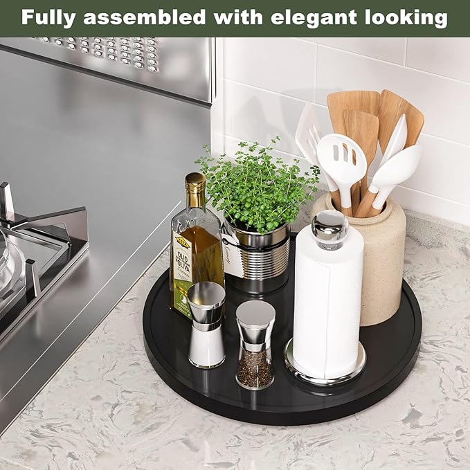 Lazy Susan Organizer, 13.2 Inch Non-Skid Bamboo Turntable | Kitchen Table Cabinets Closets and Kitchen Islands, Wood Turntable for Kitchen Countertop Organizer, Black - Image 2