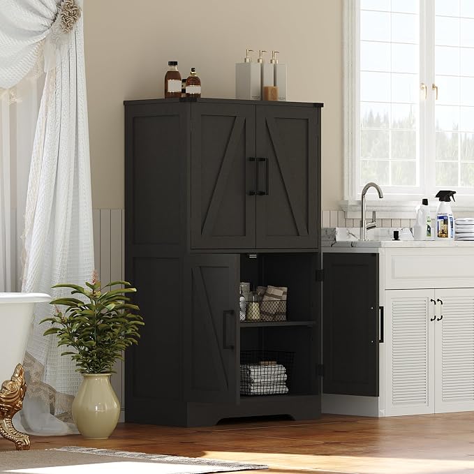 Treocho Farmhouse Bathroom Floor Cabinet with Adjustable Shelves | 13.78"D x 23.62"W x 43.46"H, Freestanding Kitchen Pantry Cabinet, Cupboard for Living Room, Dining Room, Black - Image 8