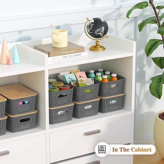 Ohmlove 6 Pack Plastic Storage Baskets with Bamboo Lids for Organization | Stackable Storage bins, Storages Baskets for Organizing Shelves Drawers Desktop Closet Playroom Classroom Office,Gray - Image 4