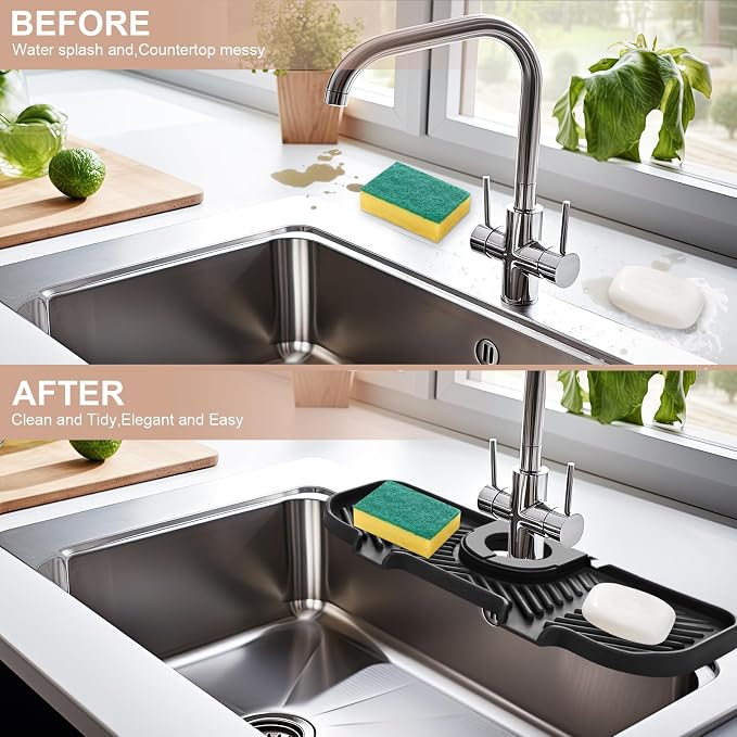 Teenyyou 2 Pcs Silicone Faucet Splash Guard 10.6 ” x 4.3” Kitchen Sink Splash Guard Faucet Mat for Kitchen Mat Catcher Black and Grey Sink Accessories for Bathroom - Image 5