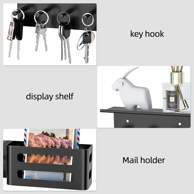 MKO Key Holder Wall Mount, Adhesive Key Hanger with 4 Hooks for Wall, Black | Metal Material, Key Rack with Shelf, Wall Mount, Mail Organizer Tray, Suitable for Entryway, Hallway, Living Room - Image 2