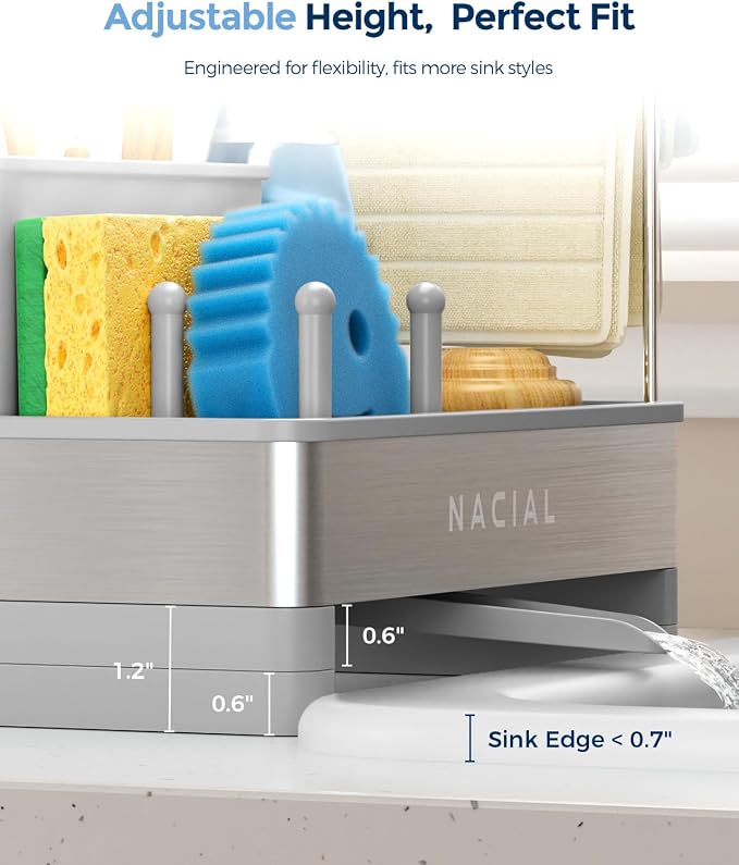 Nacial Kitchen Sink Organizer, Sink Caddy with Sponge & Tall Brush Holder | 304 Stainless Steel Kitchen Countertop Organizer with Double-Bar Towel Holder, Stores Sponge, Brush, Towel & Sink Essentials - Image 4