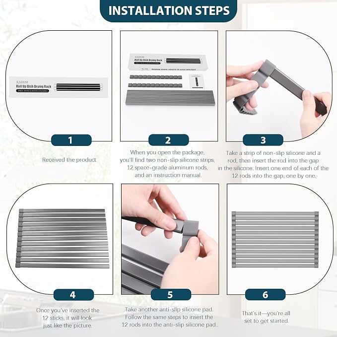 KABUM 17.72x11.81 Heavy-Duty Aluminum Alloy Roll Up Dish Drying Rack | Food-Safe Coating with Anti-Skid Silicone, Extra Wide Thickened Sink Drying Rack for Kitchen Counter, Space-Saving Organizer - Image 6
