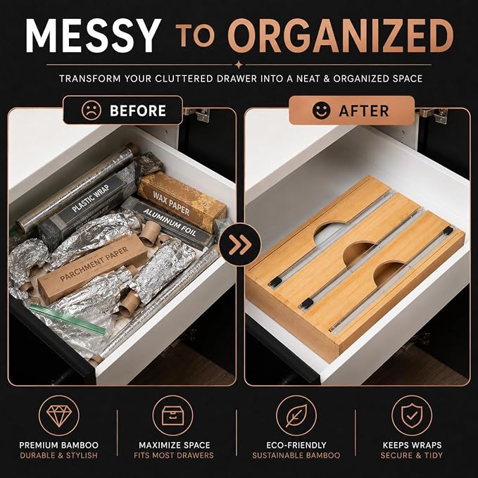 3-in-1 Bamboo Kitchen Wrap Organizer | Wall, Drawer & Counter | Serrated Cutter | Fits Any 12" Roll | Avero Brands - Image 2